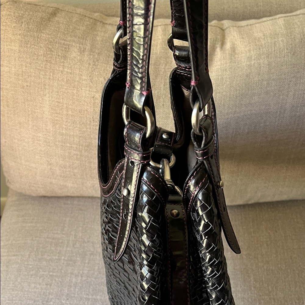 Cole Haan Genevieve Patent Black Woven Shoulder Bag with Plum Stitching - Picture 9 of 12